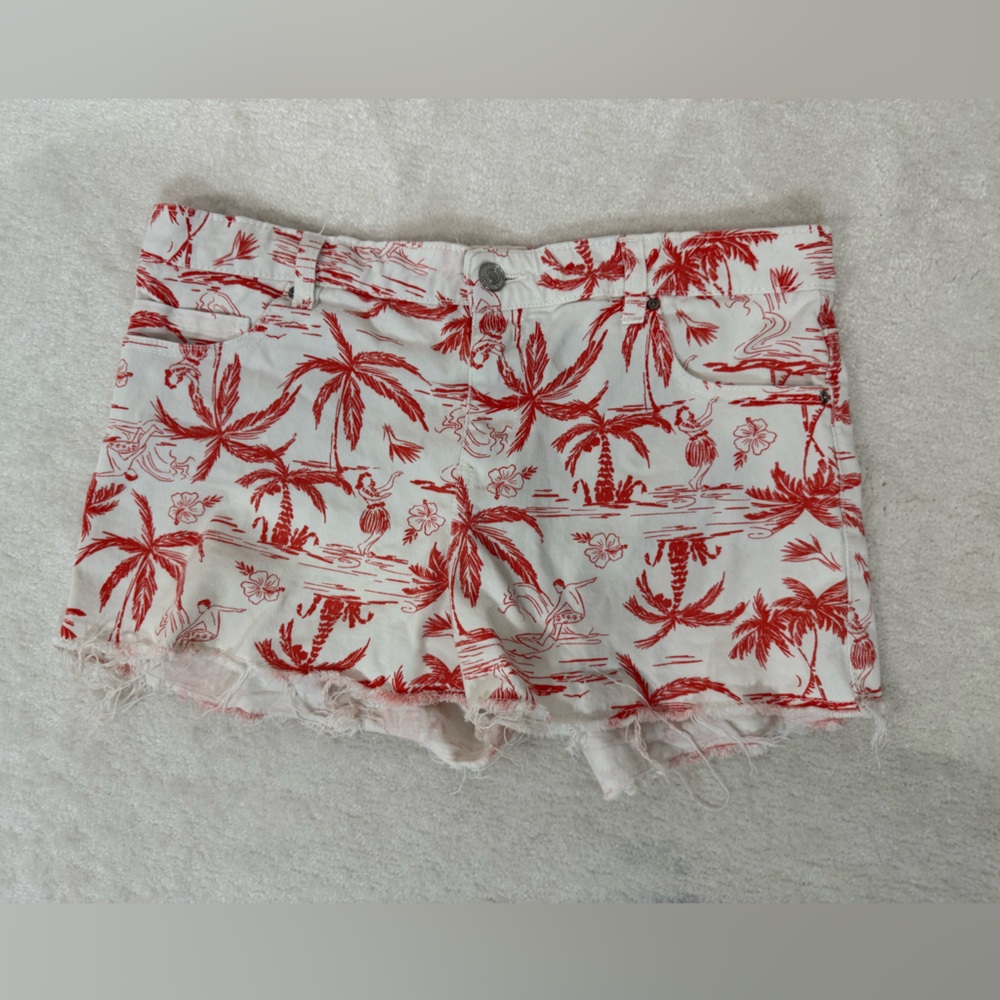 Lefties Hula Girl Shortie Shorts‎ Denim White and Orange Vacation Wear Island